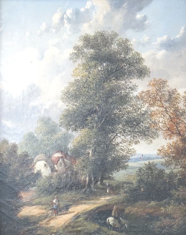 19th century, English School, oil on canvas, Pastoral landscape, unsigned, 29 x 23cm, ornate gilt frame